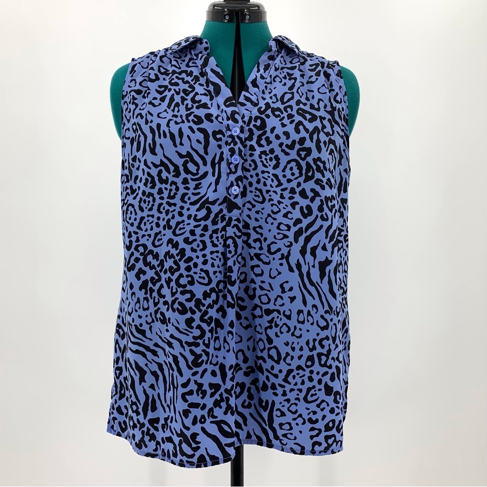Dana Buchman Blue Animal Print Sleeveless A-Line V-Neck Blouse, Large